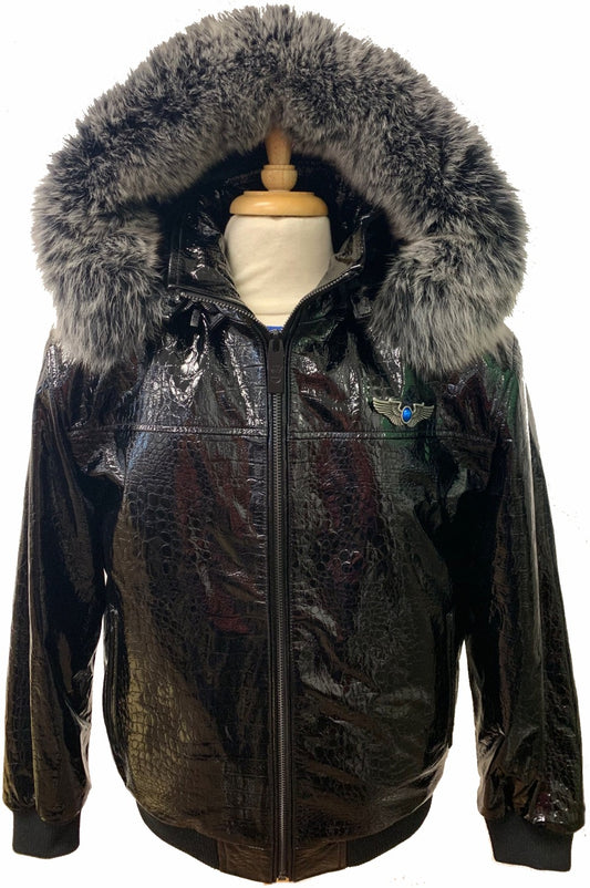 Men's Real Leather Croc Embossed Flight Jacket - Real FOX Fur Hood Rim up to 6XL