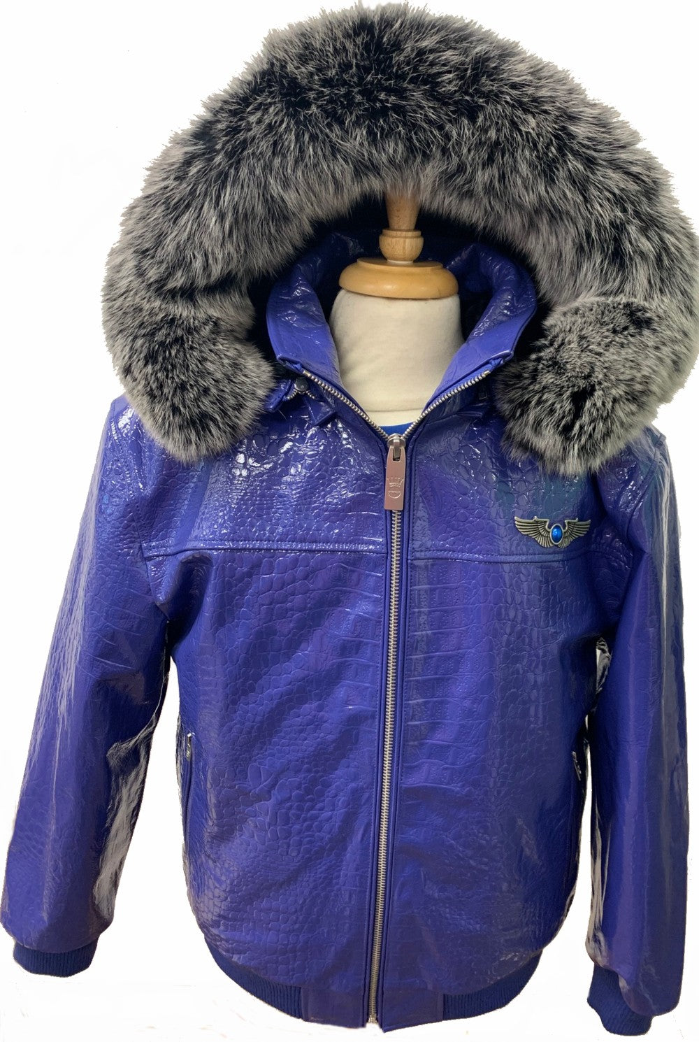 Men's Real Leather Croc Embossed Flight Jacket - Real FOX Fur Hood Rim up to 6XL