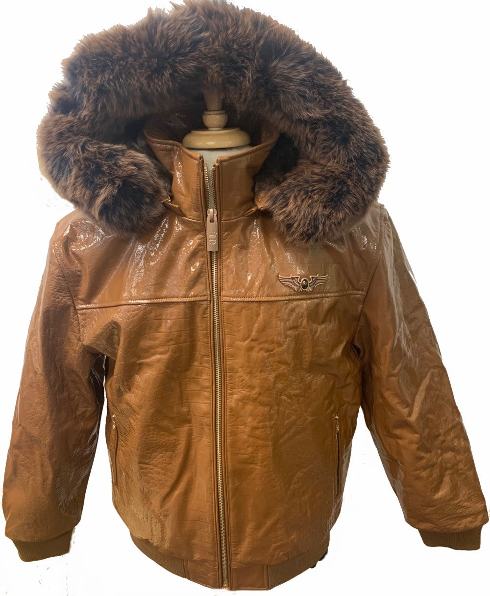 Men's Real Leather Croc Embossed Flight Jacket - Real FOX Fur Hood Rim up to 6XL